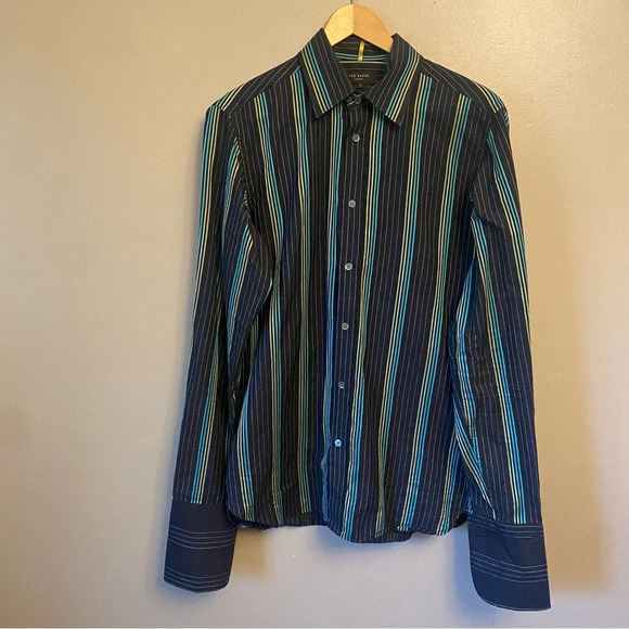 TED BAKER Cotton Button Up Shirt Casual Striped Purple Black Gray US M - Picture 1 of 12